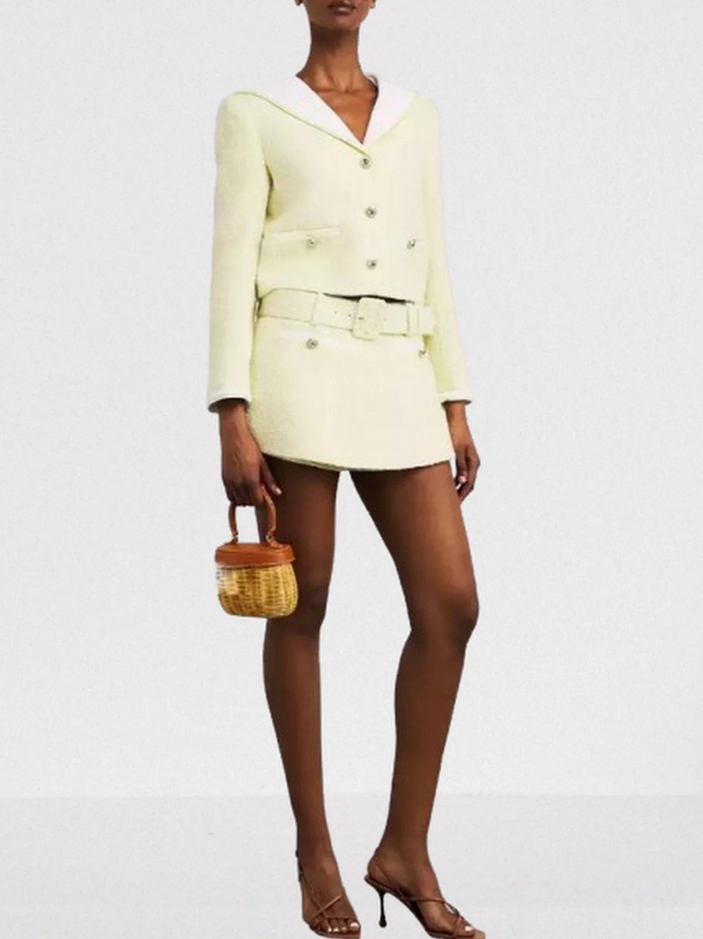 Tweed Sailor Jacket and Skort Set in Pale Yellow - Suits & Sets
