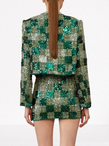 Tweed Sequin Embellished Jacket & Skirt Set - Suits & Sets