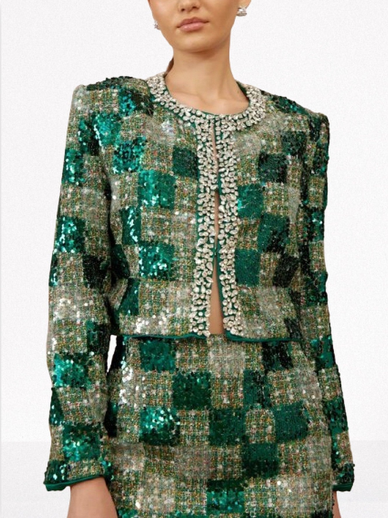 Tweed Sequin Embellished Jacket & Skirt Set - Suits & Sets