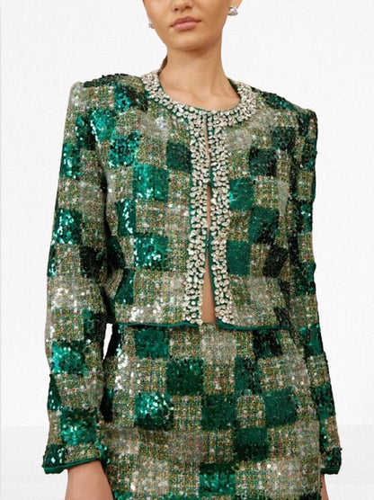 Tweed Sequin Embellished Jacket & Skirt Set - Suits & Sets