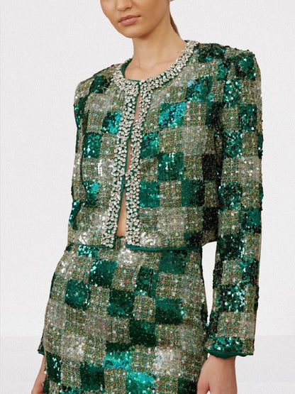 Tweed Sequin Embellished Jacket & Skirt Set - Suits & Sets