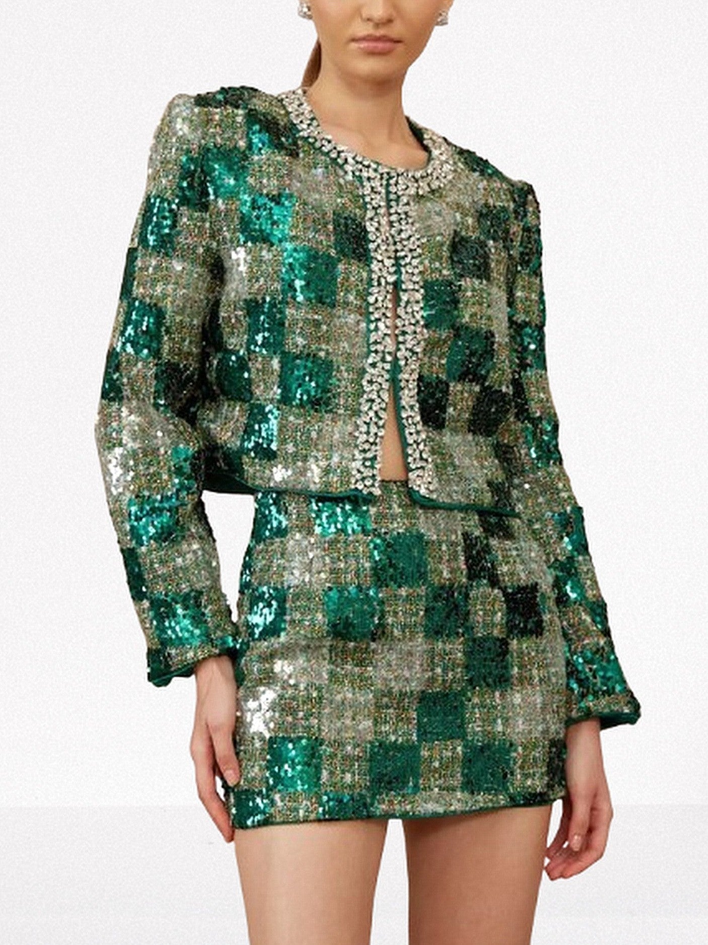 Tweed Sequin Embellished Jacket & Skirt Set - Suits & Sets