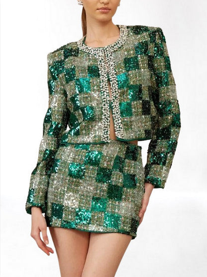 Tweed Sequin Embellished Jacket & Skirt Set - S - Suits & Sets