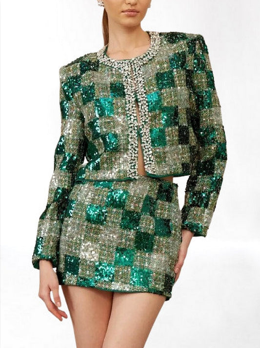 Tweed Sequin Embellished Jacket & Skirt Set - S - Suits & Sets
