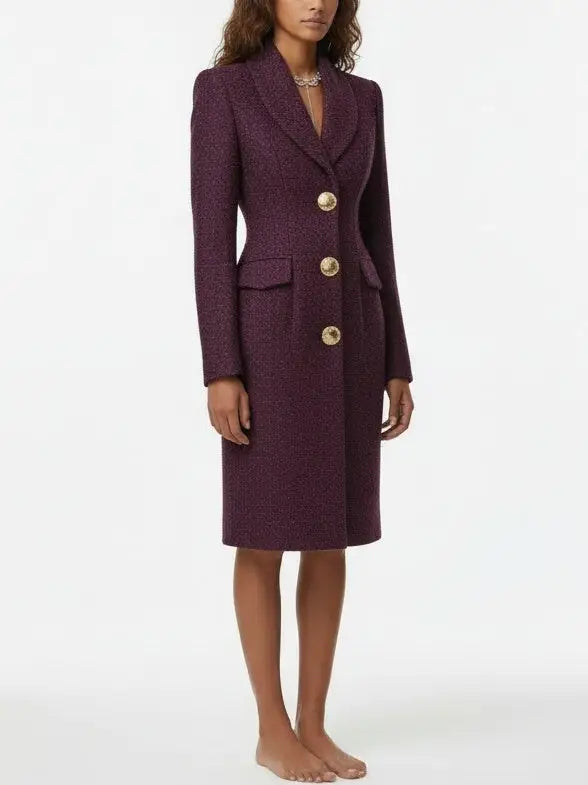 Tweed Tailored Coat with Gold Buttons - Coats