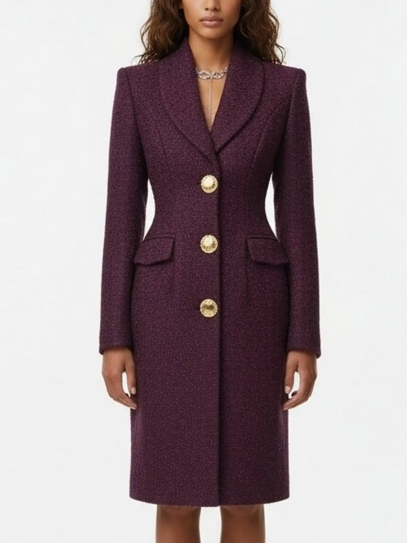 Tweed Tailored Coat with Gold Buttons - Coats