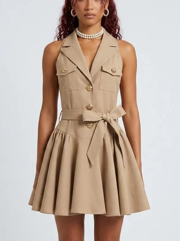 Twill Beige Sleeveless Belted Lapel Collar Mini Dress - Small - Dresses