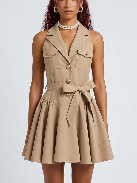 Twill Beige Sleeveless Belted Lapel Collar Mini Dress - Small - Dresses