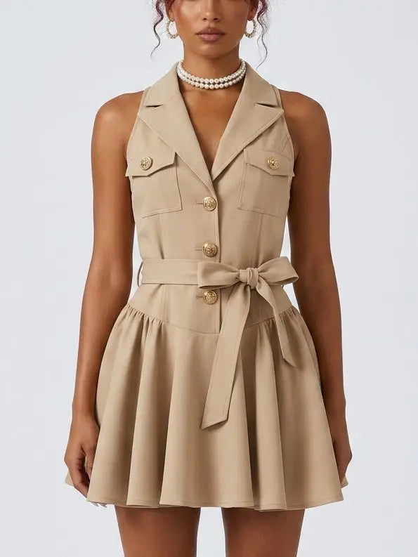 Twill Beige Sleeveless Belted Lapel Collar Mini Dress - Dresses