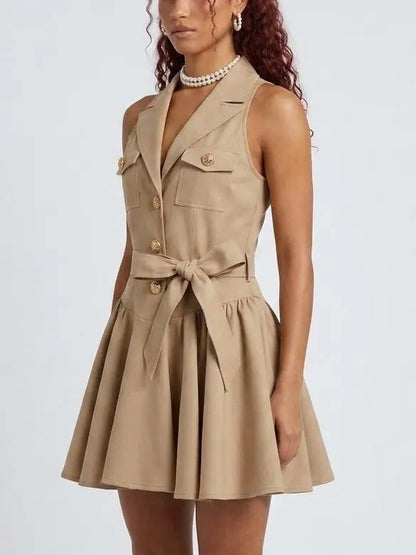 Twill Beige Sleeveless Belted Lapel Collar Mini Dress - Dresses