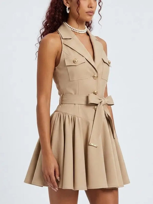 Twill Beige Sleeveless Belted Lapel Collar Mini Dress - Dresses
