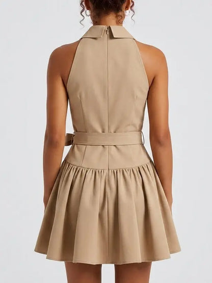 Twill Beige Sleeveless Belted Lapel Collar Mini Dress - Dresses
