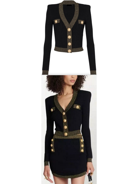 Two-Tone Buttoned Cardigan Sweater in Black - Branna Couture