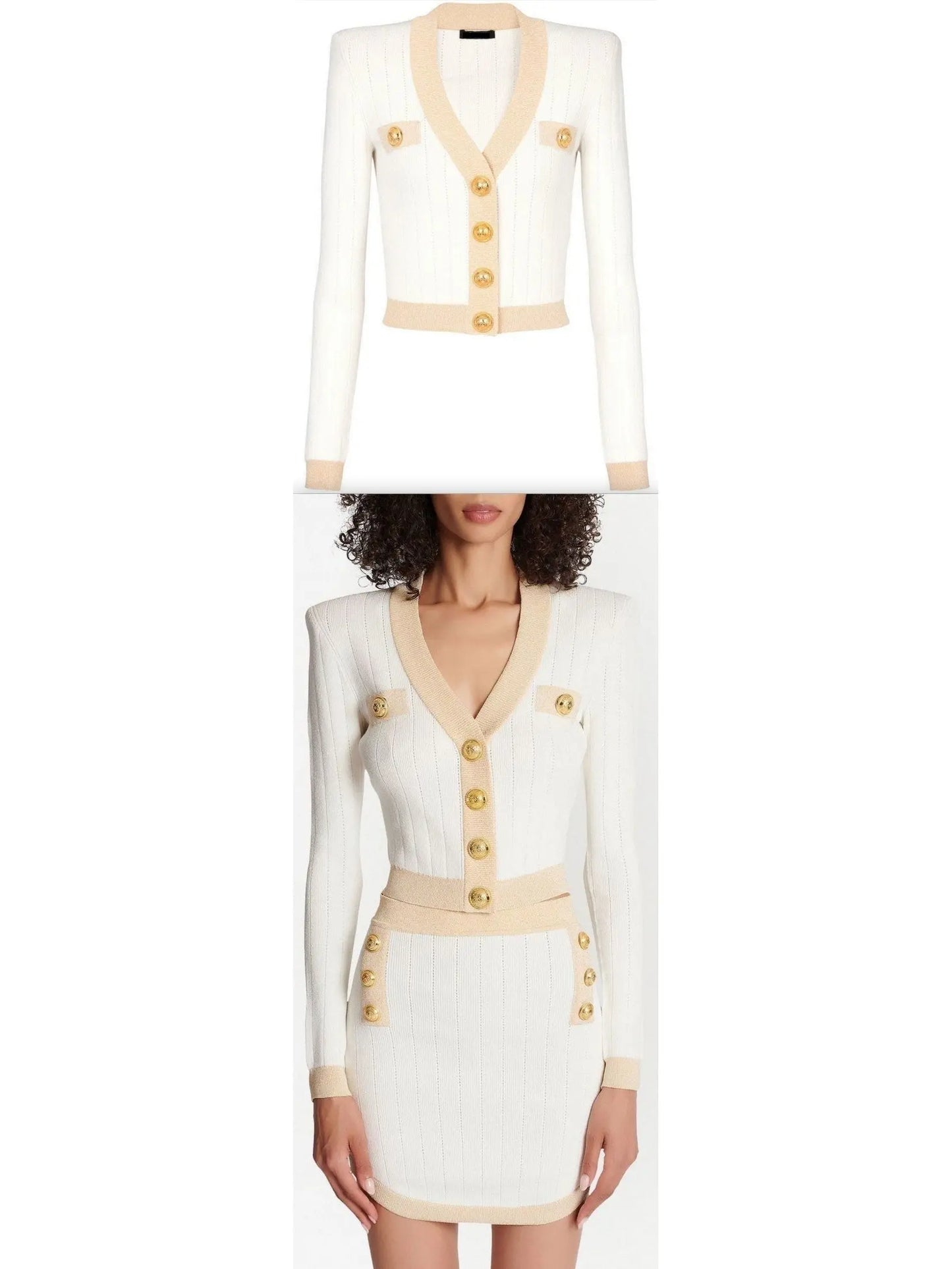 Two-Tone Buttoned Cardigan Sweater in White - Branna Couture