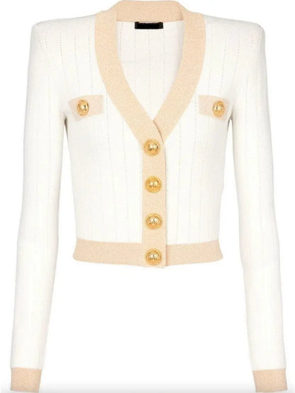 Two-Tone Buttoned Cardigan Sweater in White - Branna Couture