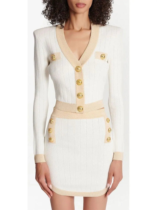 Two-Tone Buttoned Cardigan Sweater in White - Branna Couture