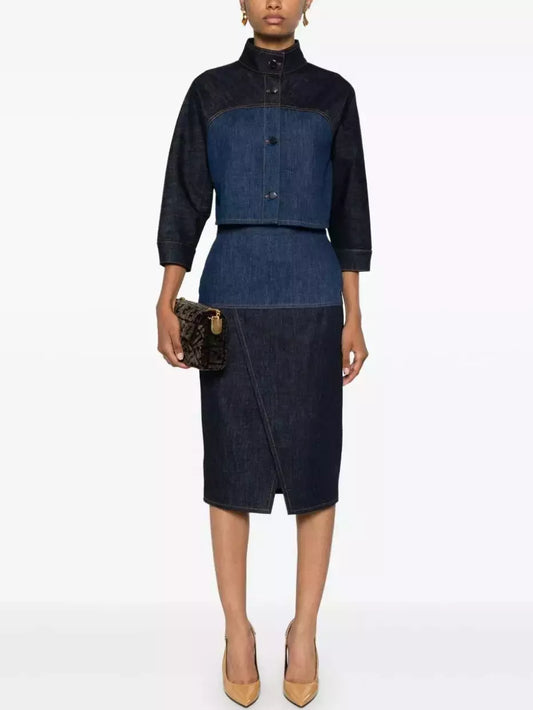 Two-Toned Blue Denim Cropped Jacket and Skirt Set - Branna Couture