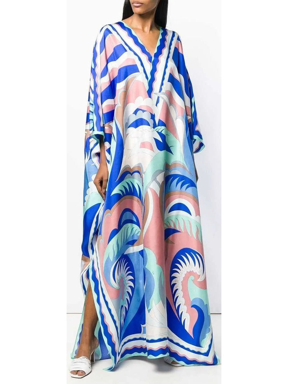 V-Neck Acapulco Print Long Kaftan Dress - Branna Couture