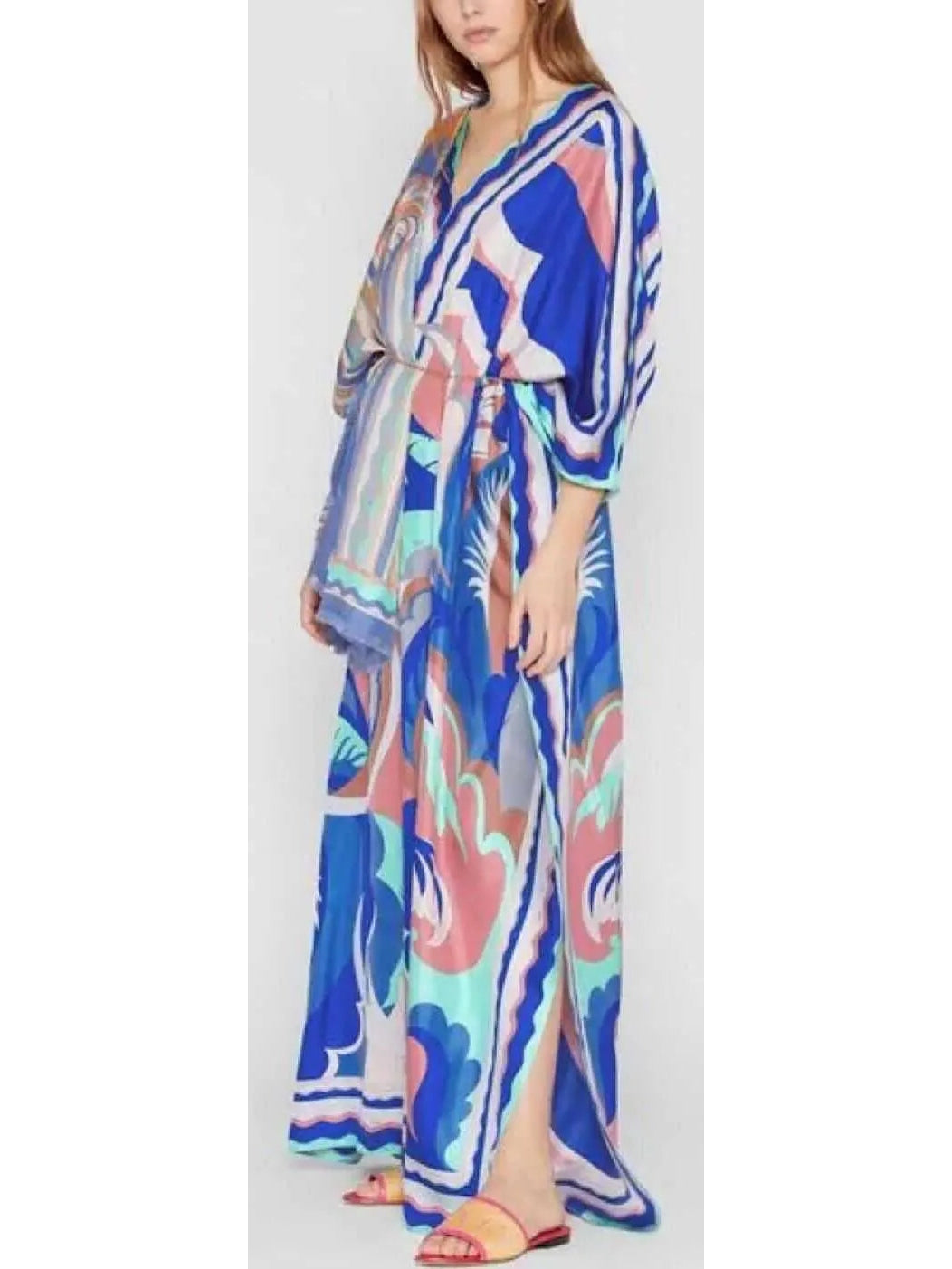 V-Neck Acapulco Print Long Kaftan Dress - Branna Couture