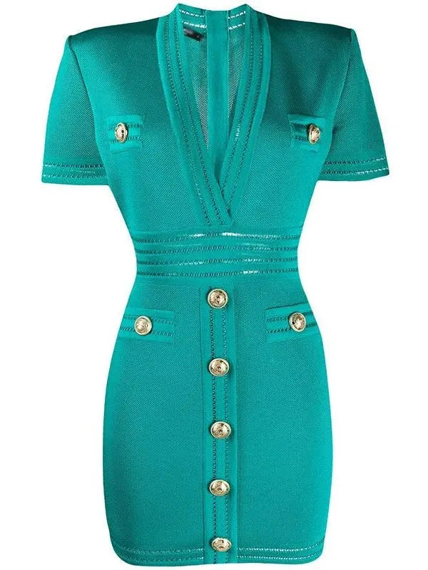 V-Neck Button-Embellished Mini Dress - Branna Couture