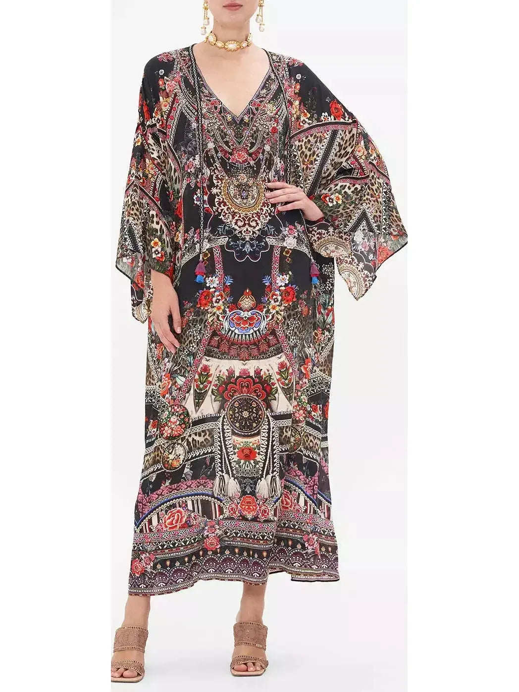 V-Neck Multicolor Printed Long Kaftan Dress - Branna Couture