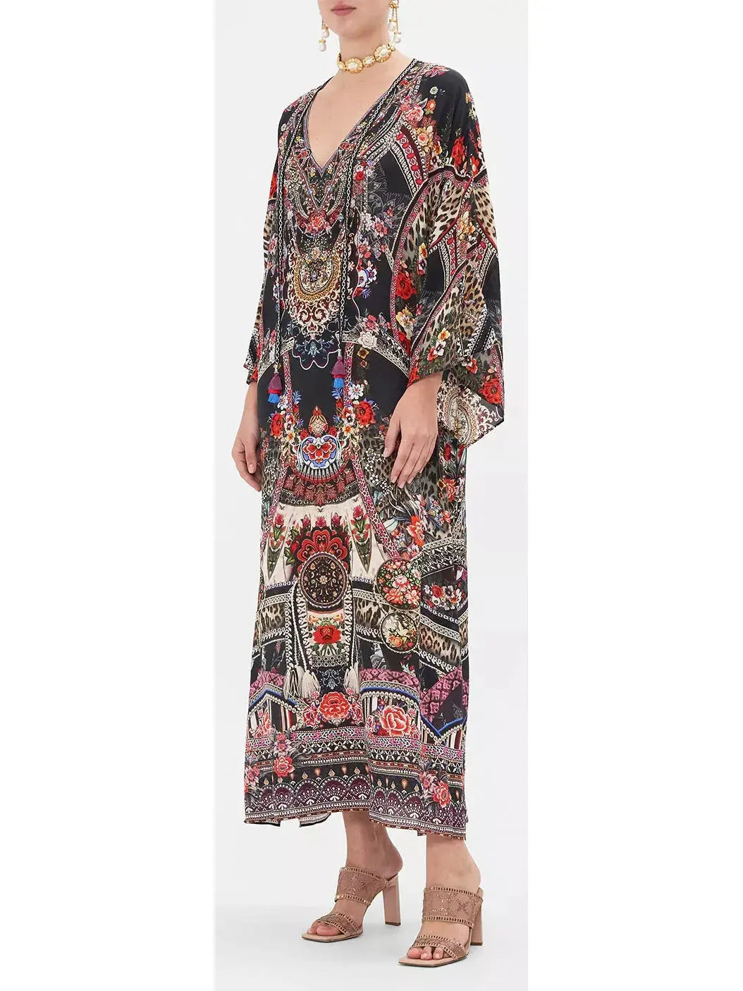 V-Neck Multicolor Printed Long Kaftan Dress - Branna Couture