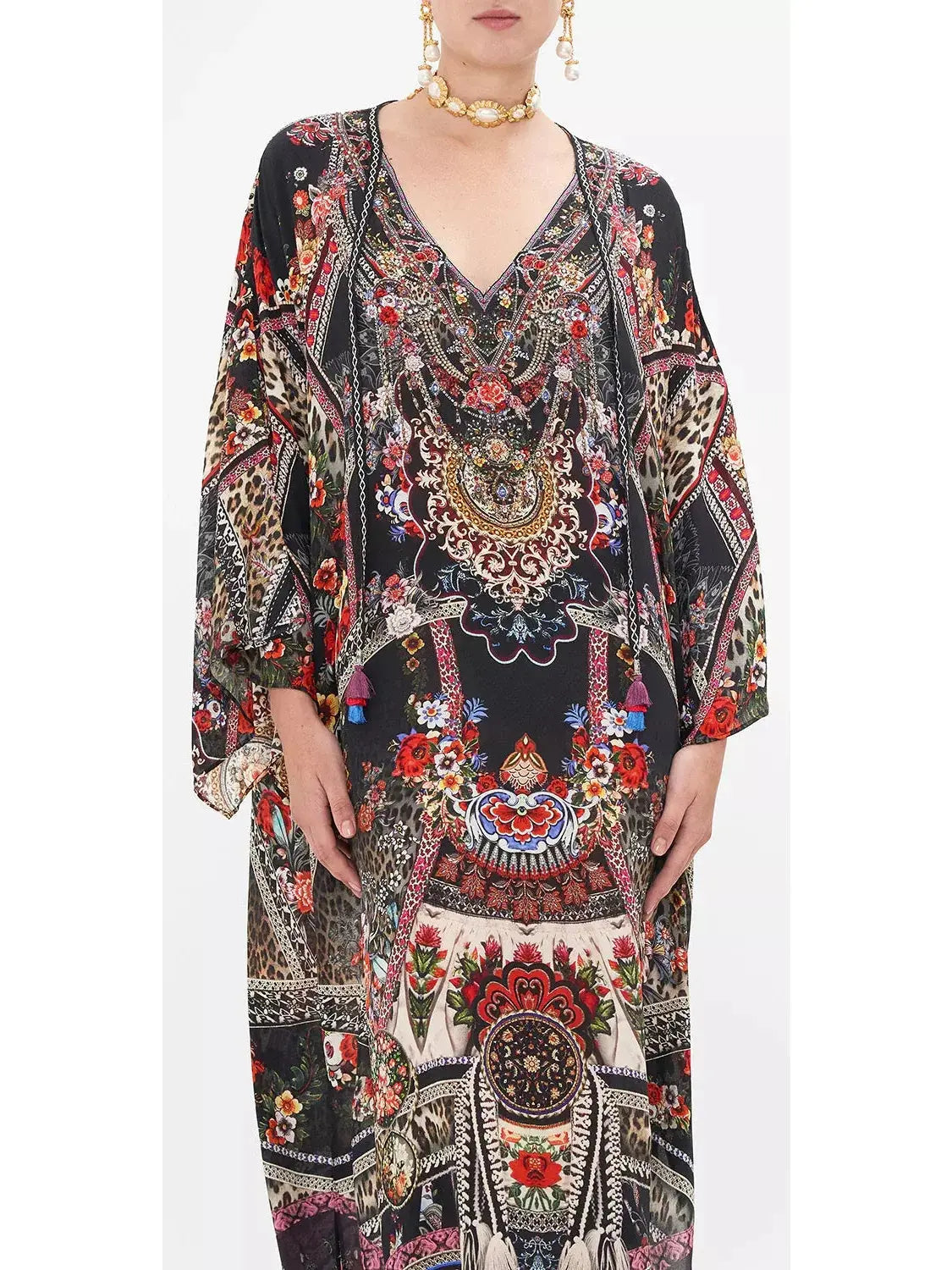 V-Neck Multicolor Printed Long Kaftan Dress - Branna Couture