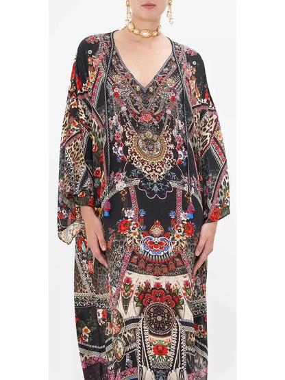 V-Neck Multicolor Printed Long Kaftan Dress - Branna Couture