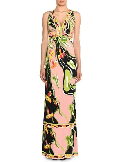 V-Neck Sleeveless Border Water Lily Print A-Line Dress - Branna Couture