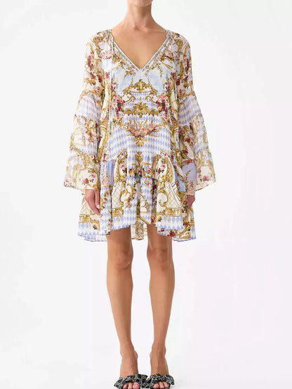 V-Neck Loose-Fit Printed Silk Dress - S - Dresses