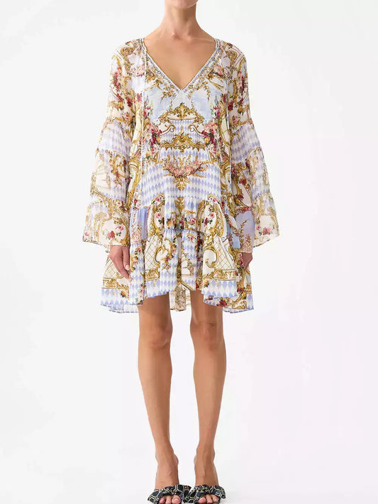 V-Neck Loose-Fit Printed Silk Dress - S - Dresses