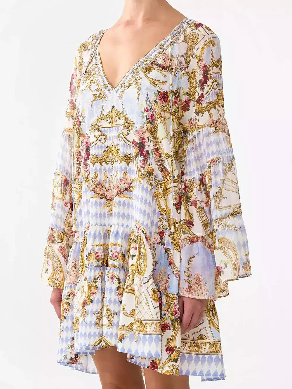 V-Neck Loose-Fit Printed Silk Dress - Dresses