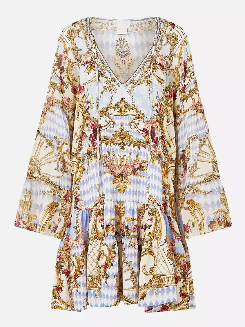 V-Neck Loose-Fit Printed Silk Dress - Dresses