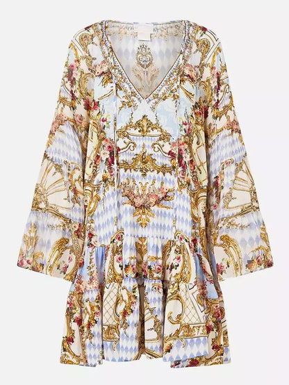 V-Neck Loose-Fit Printed Silk Dress - Dresses