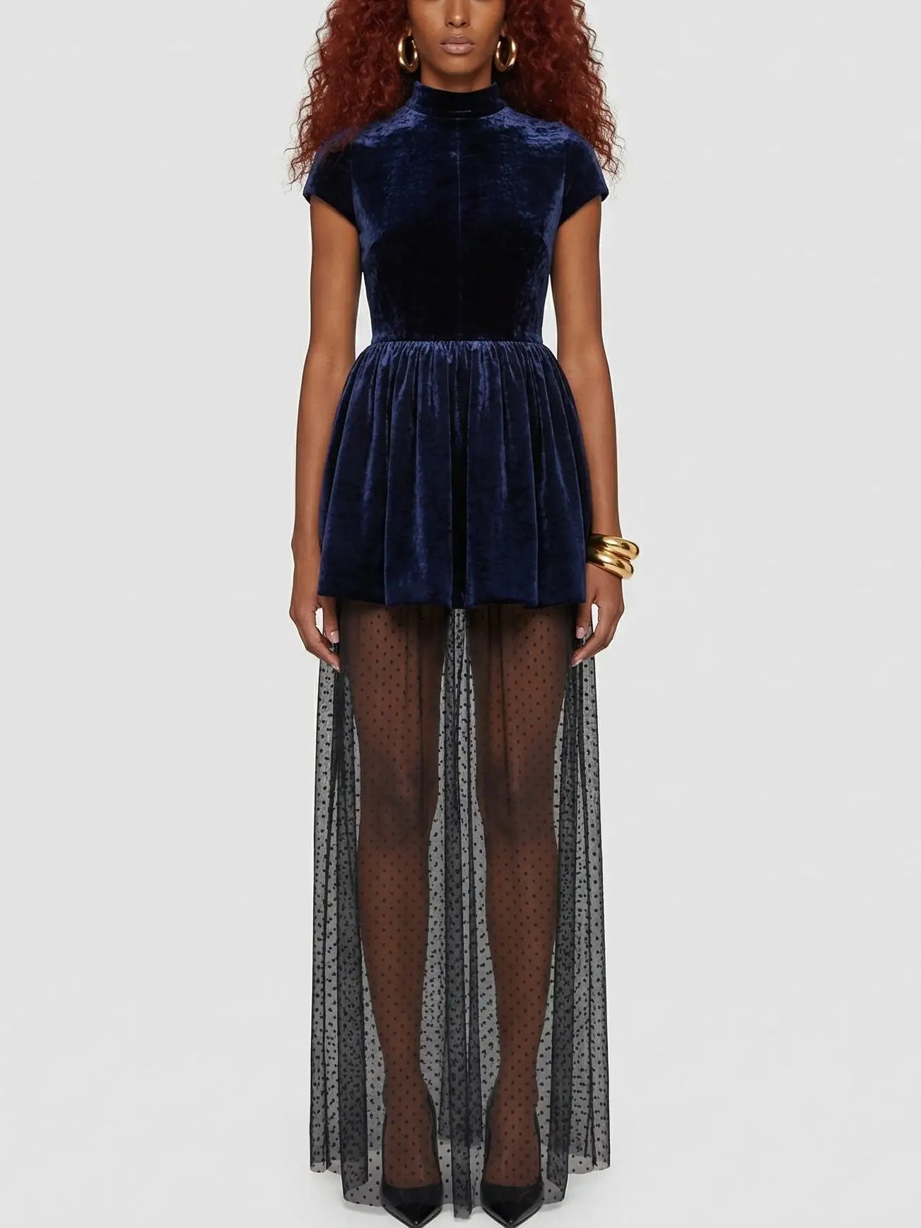 Velvet Mini Dress with Sheer Polka-Dot Tulle Underlayer - S / Dark Blue - Dresses
