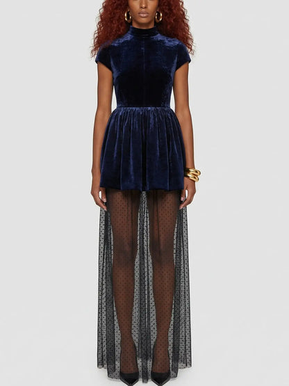 Velvet Mini Dress with Sheer Polka-Dot Tulle Underlayer - S / Dark Blue - Dresses