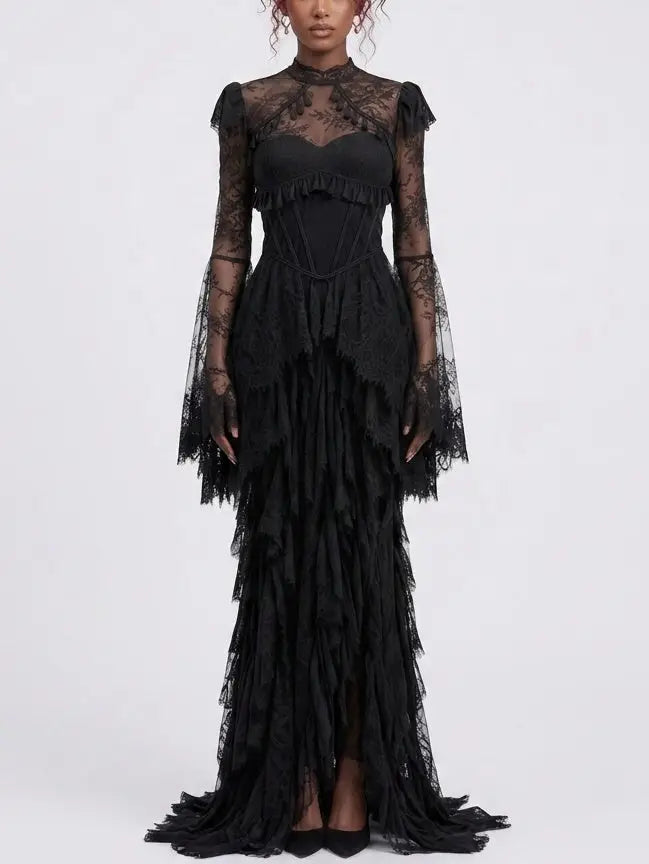 Victorian Lace Open Back Maxi Dress with Tassels - S / Black - Dresses