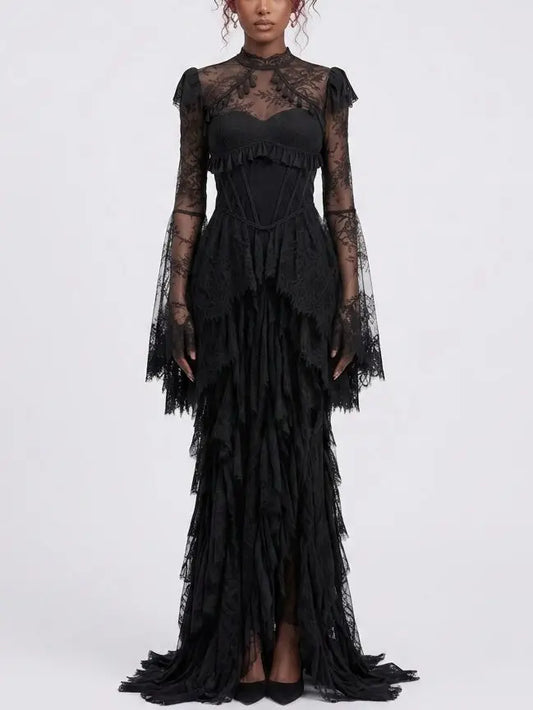 Victorian Lace Open Back Maxi Dress with Tassels - S / Black - Dresses