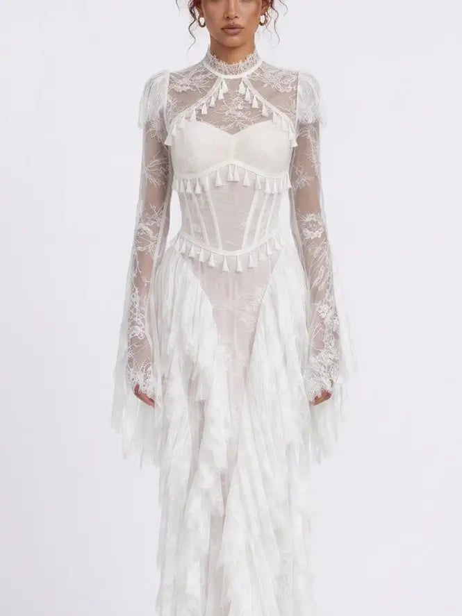 Victorian Lace Open Back Maxi Dress with Tassels - Dresses