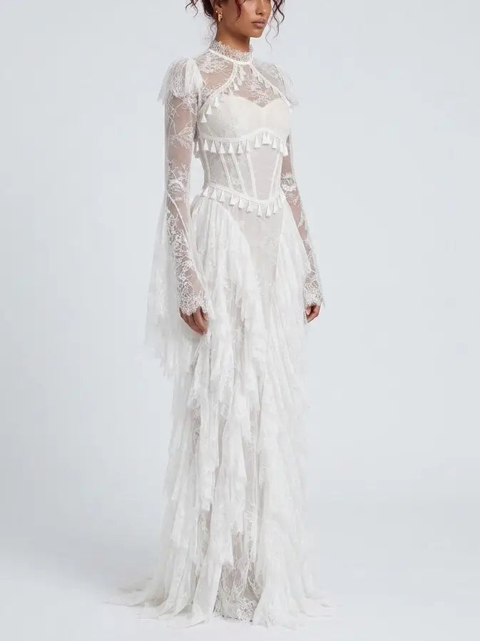Victorian Lace Open Back Maxi Dress with Tassels - Dresses