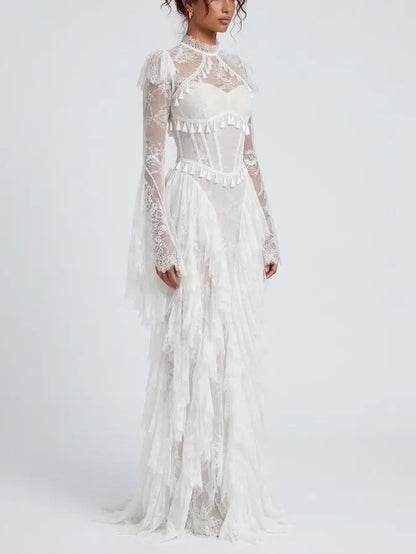 Victorian Lace Open Back Maxi Dress with Tassels - Dresses