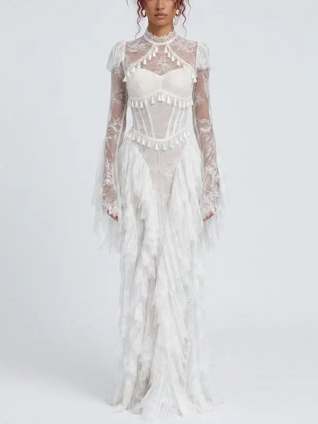 Victorian Lace Open Back Maxi Dress with Tassels - S / White - Dresses