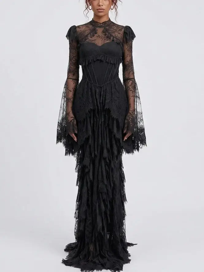 Victorian Lace Open Back Maxi Dress with Tassels - Dresses