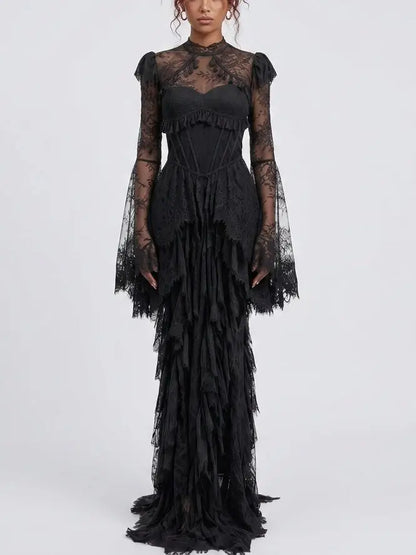 Victorian Lace Open Back Maxi Dress with Tassels - Dresses