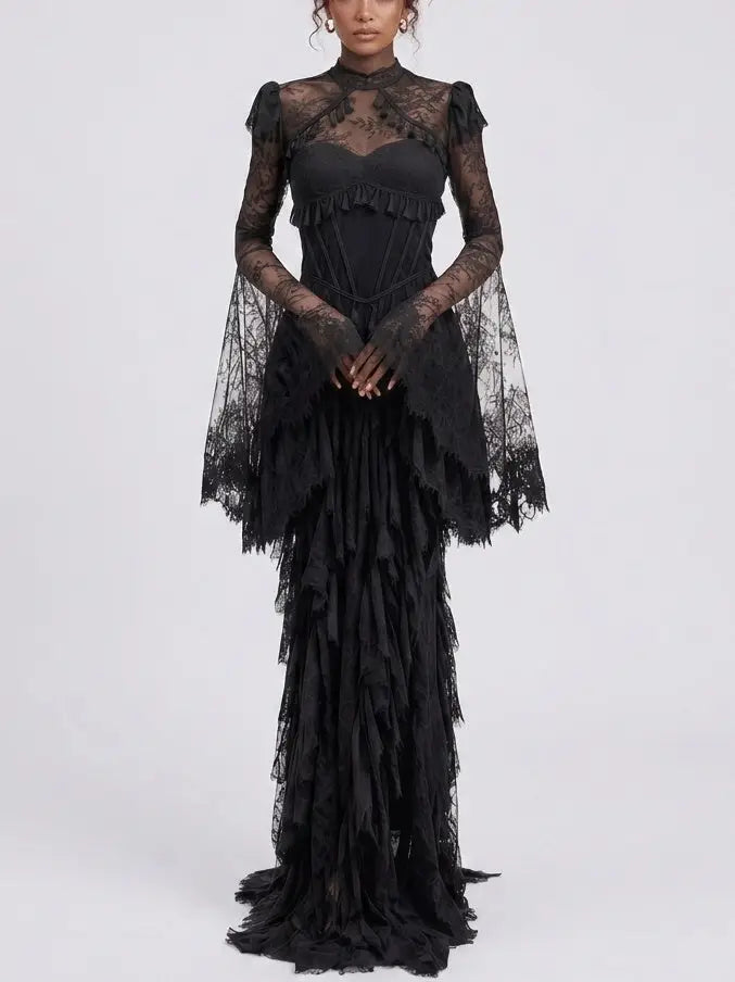 Victorian Lace Open Back Maxi Dress with Tassels - Dresses