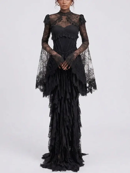 Victorian Lace Open Back Maxi Dress with Tassels - Dresses
