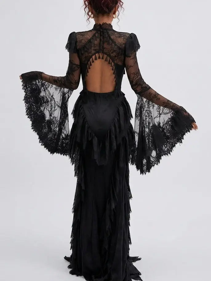 Victorian Lace Open Back Maxi Dress with Tassels - Dresses