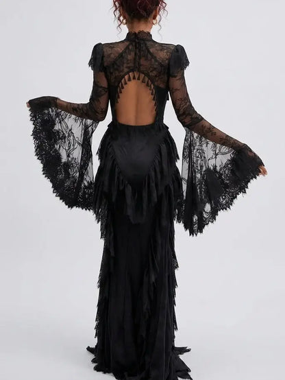 Victorian Lace Open Back Maxi Dress with Tassels - Dresses