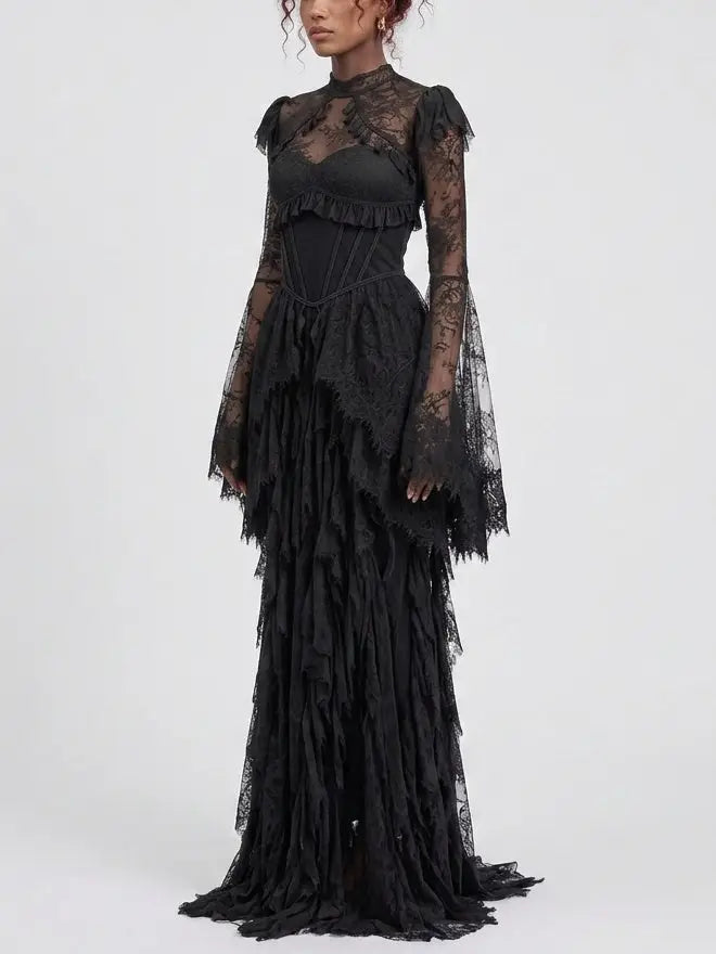 Victorian Lace Open Back Maxi Dress with Tassels - Dresses