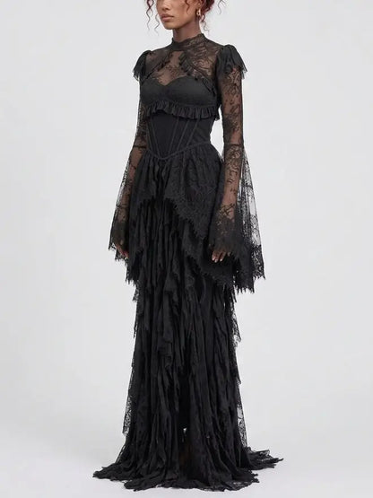 Victorian Lace Open Back Maxi Dress with Tassels - Dresses
